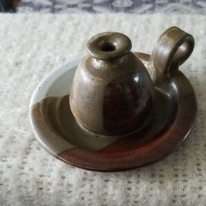 Handmade Stoneware Signed Studio Pottery candlestick oil lamp